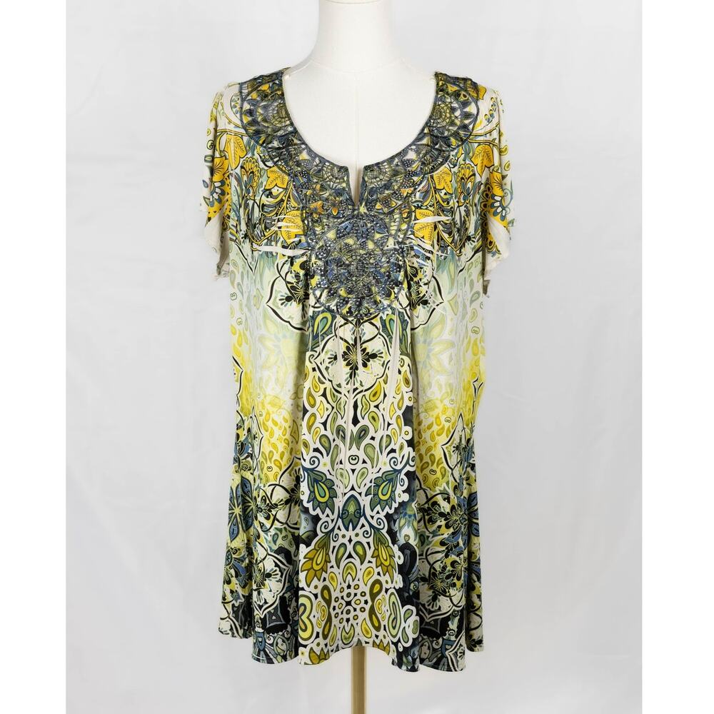 Live and Let Live Size 1X Blouse Boho Embroidered Embellished Yellow
